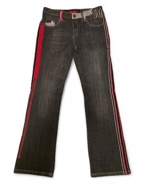 Vintage Lady Enyce Y2K Black Denim Flare Jeans with Red Side Stripe and Rhinesto